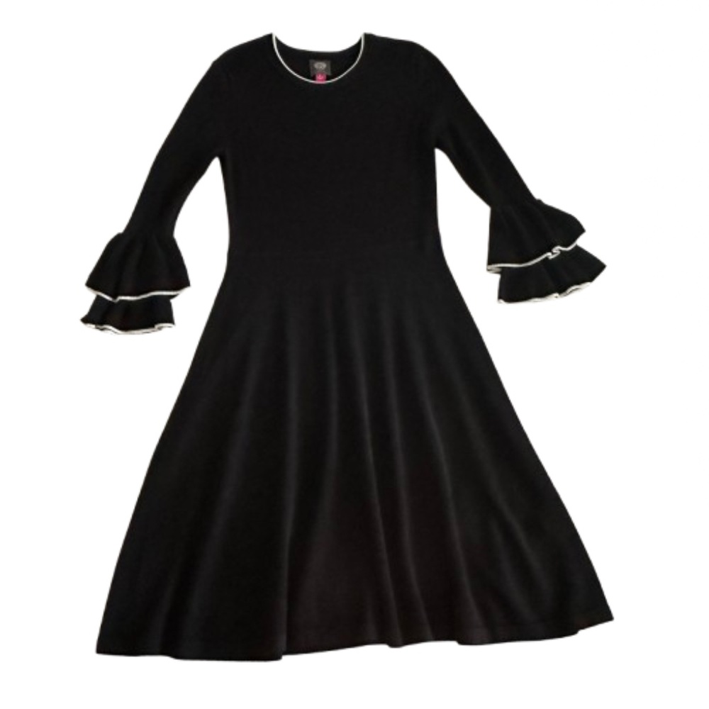 Vince Camuto Women S Black & White Sleeved Ruffled Fit & Flare Midi Knit Dress - Picture 4 of 13